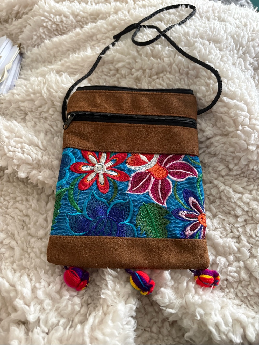 Embroidered Floral Crossbody Bag - Blue & Brown